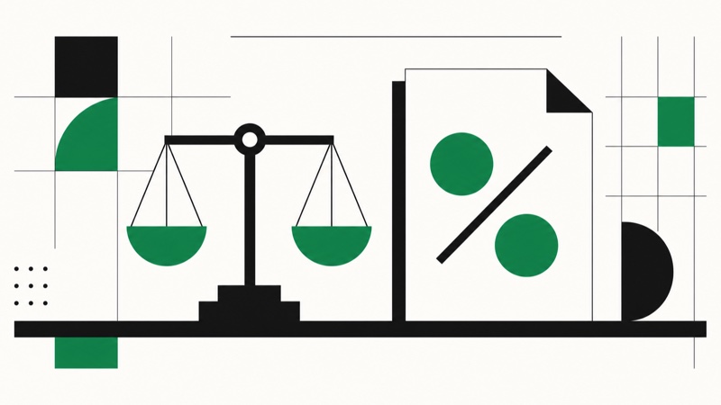 Symbolgrafik einer Waage neben einem Steuersymbol als Sinnbild für Rechtslage und Besteuerung
